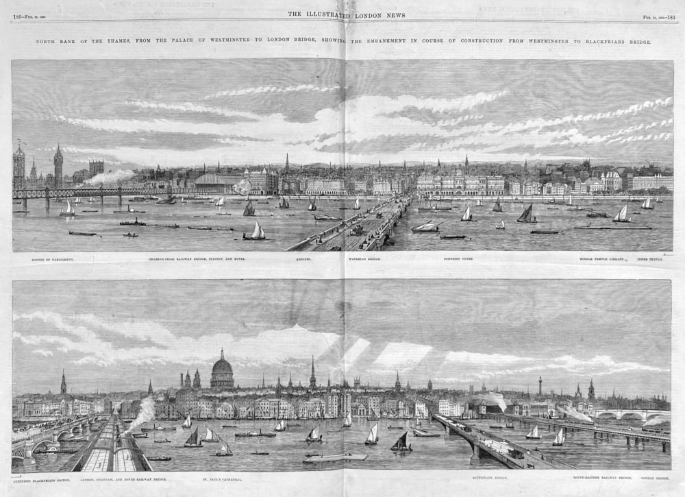 North Bank of the Thames from the Palace of Westminster to London Bridge, showing the Embankment in Course of Construction from Westminster to Blackfr