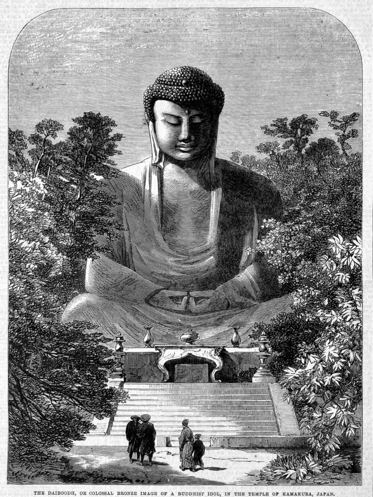 The Diaboodh, or Colossal Bronze Image of a Buddhist Idol, in the Temple of Kamakura, Japan. 1865.