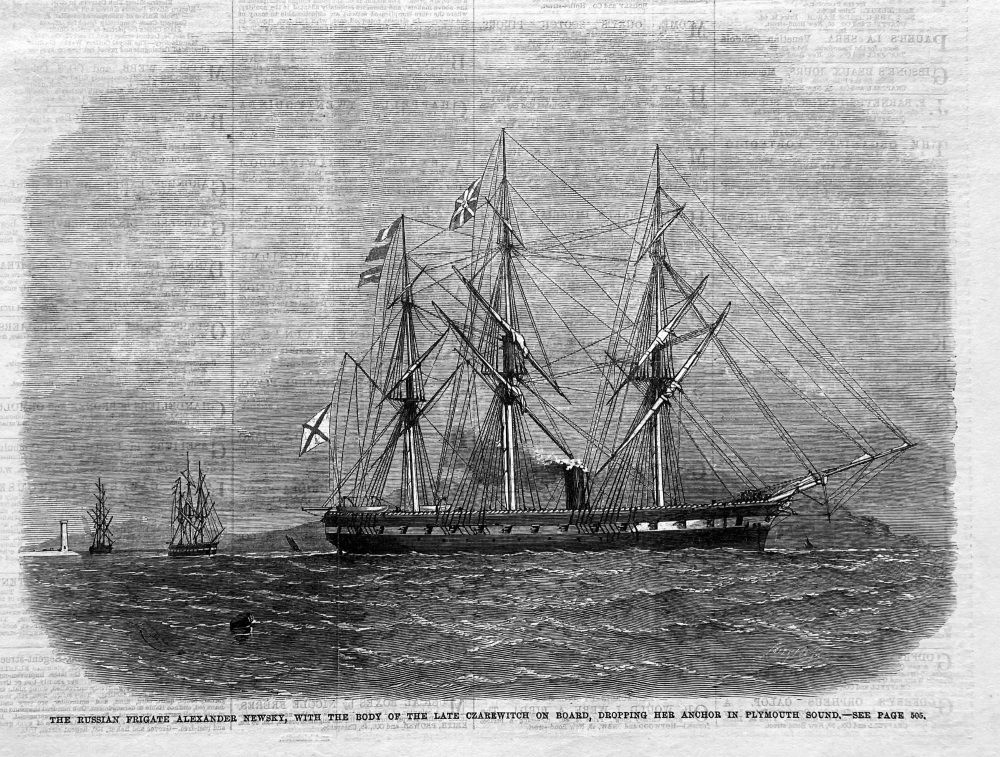 The Russian Frigate Alexander Nevsky, with the Body of the Late Czarewitch on Board, dropping her Anchor in Plymouth Sound.  1865.