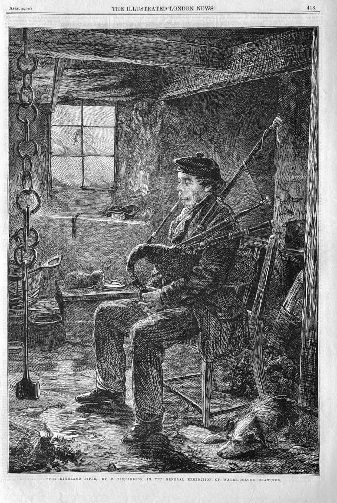 "The Highland Piper,"  By J. Richardson, in the General Exhibition of Water-Colour Drawings.  1865.