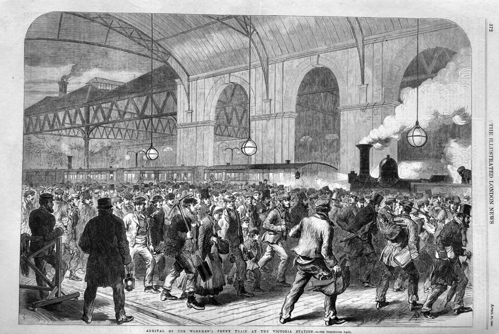 Arrival of the Workmen's Penny Train at the Victoria Station.  1865.