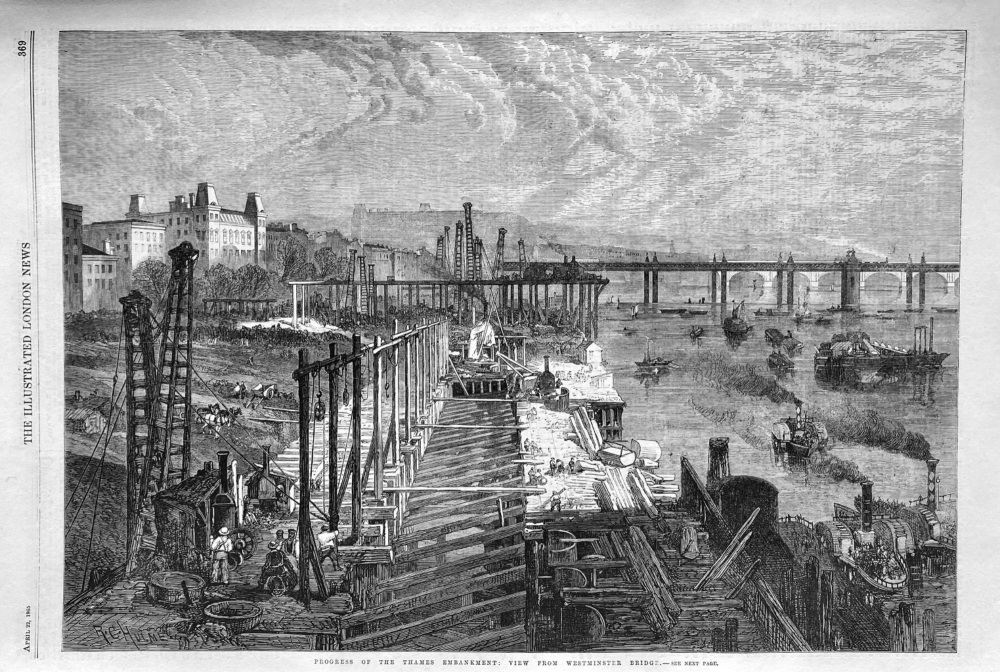 Progress of the Thames Embankment :  View from Westminster Bridge.  1865.