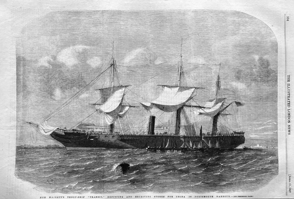 Her Majesty's Troop-Ship "Transit,"  Refitting and Receiving Stores for China in Portsmouth Harbour.  1857.