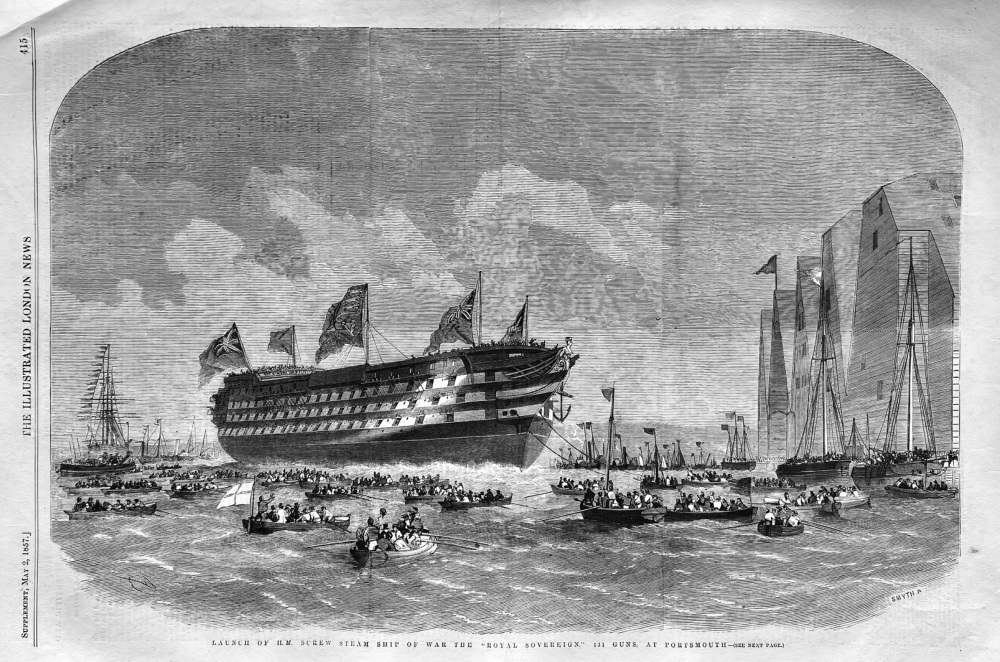 Launch of H.M. Screw Steam Ship of War the "Royal Sovereign,"  131 Guns, at Portsmouth. 1857.