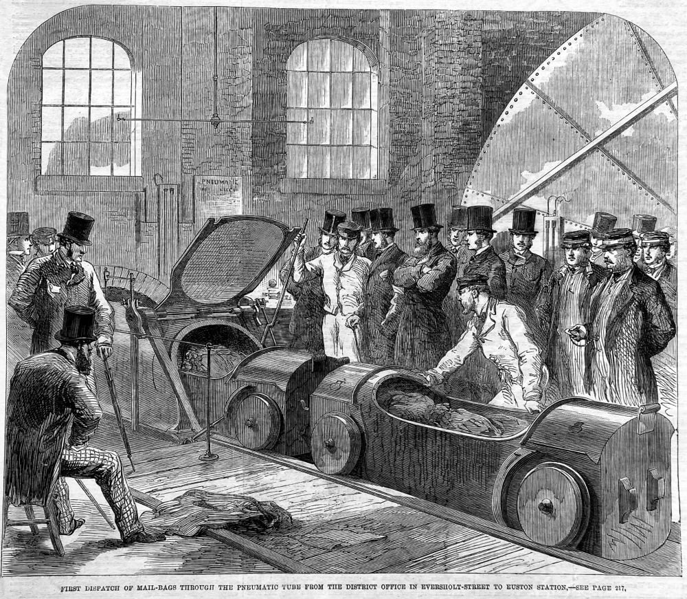 First Despatch of Mail-Bags through the Pneumatic Tube from the District Office in Eversholt-Street to Euston Station.  1863.