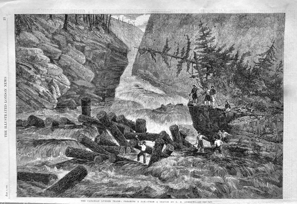 The Canadian Lumber Trade :  Clearing a Jam.  1863.