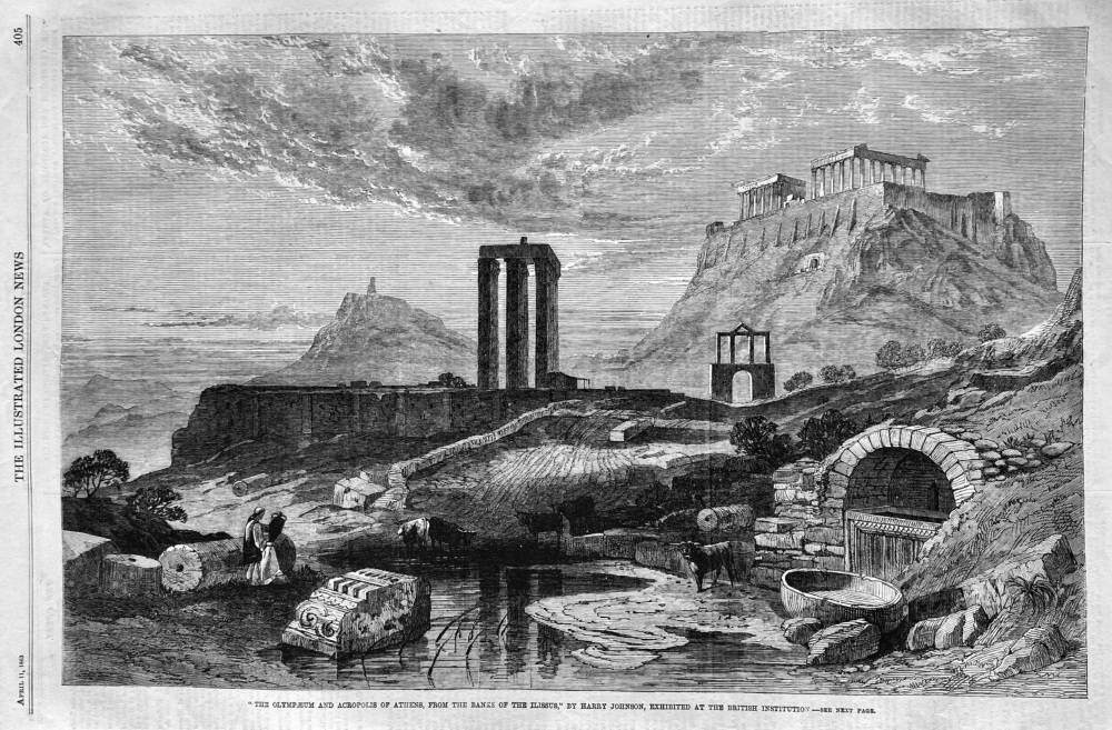 "The Olympaeum and Acropolis of Athens, from the Banks of the Ilissus," by Harry Johnson, Exhibited at the British Institution.  1863.