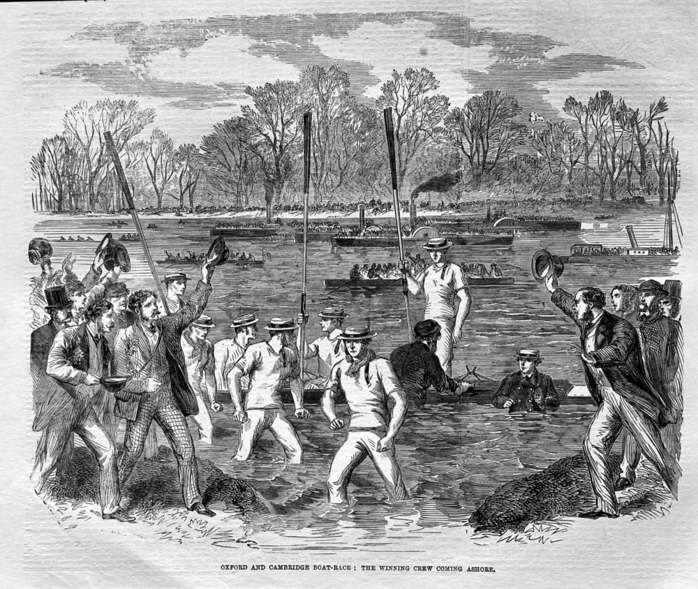 Oxford and Cambridge Boat-Race :  The Winning Crew coming Ashore.  1863.