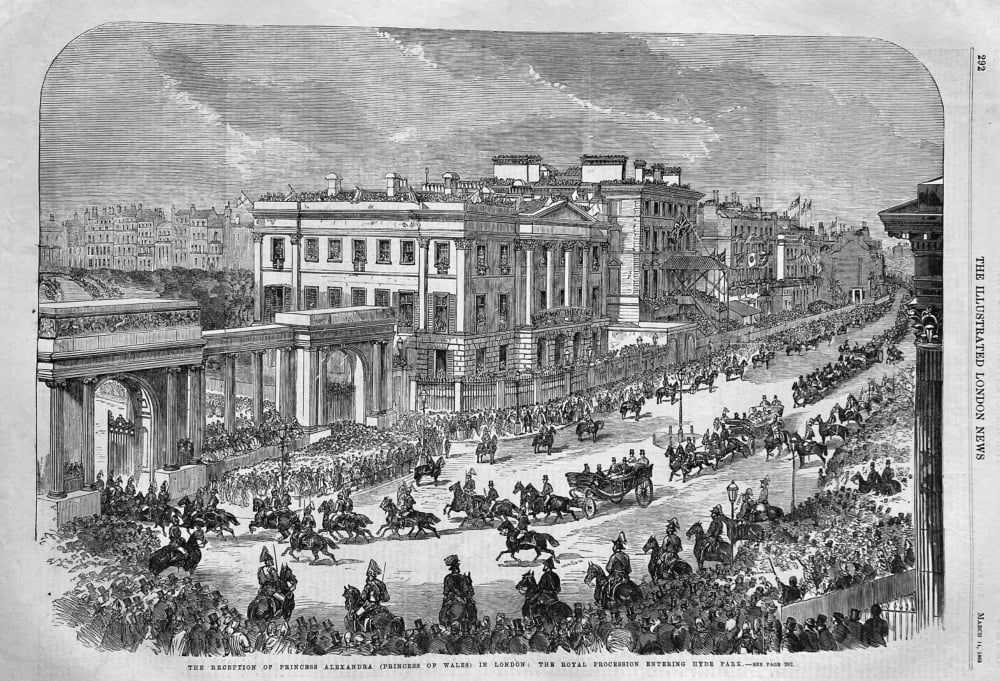 The Reception of Princess Alexandra (Princess of Wales) in London :  The Royal Procession entering Hyde Park.  1863.