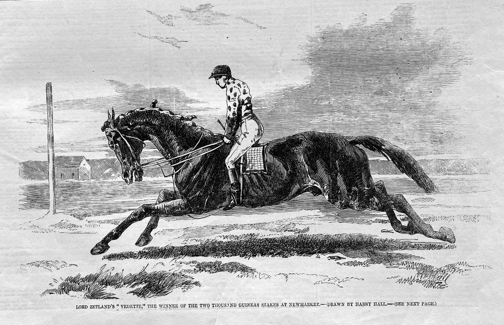 Lord Zetland's "Verdette,"  the Winner of the Two Thousand Guineas Stakes at Newmarket.  1857.