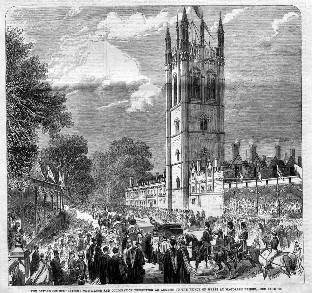 The Oxford Commemoration :  The Mayor and Corporation Presenting an Address to the Prince of Wales at Magdalen Bridge.  1863.