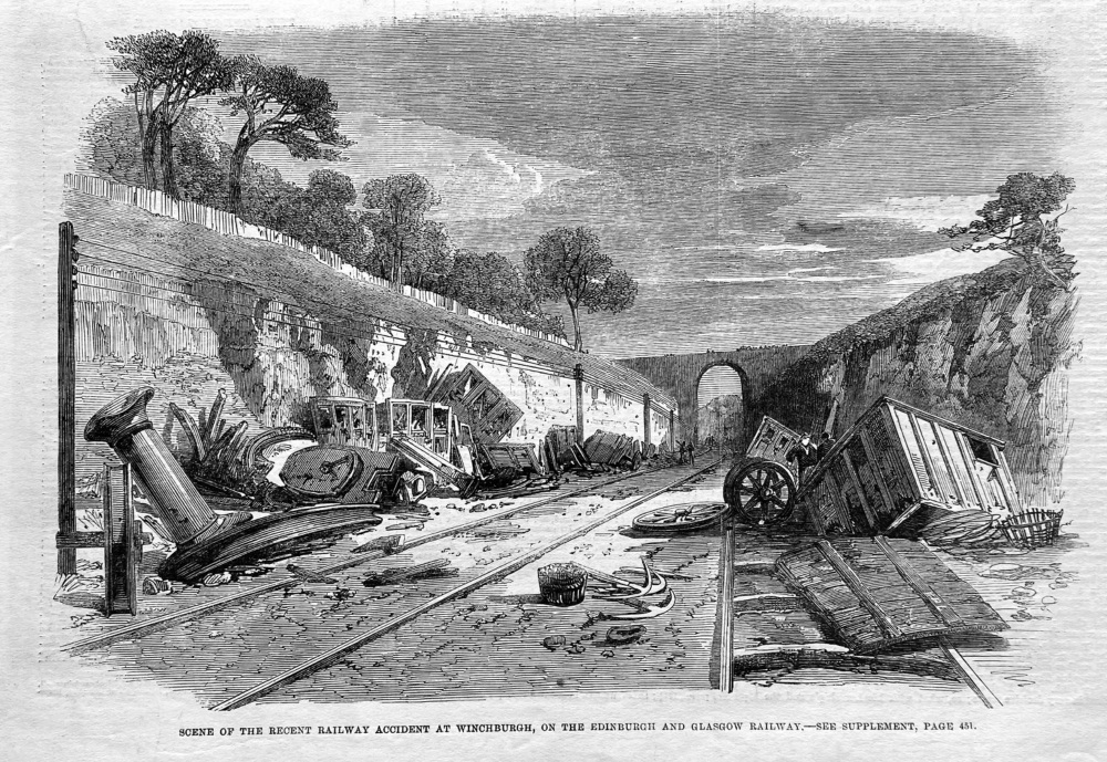 Scene of the recent Railway Accident at Winchburgh, on the Edinburgh and Glasgow Railway.  1862.