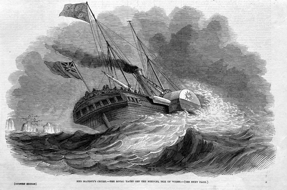 Her Majesty's Cruise.- The Royal Yacht off the Needles, Isle of Wight.  1846.