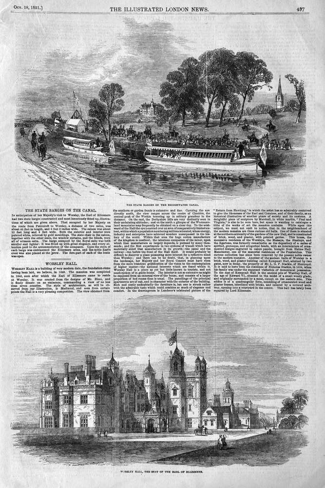 Worsley Hall. and The State Barges on the Bridgewater Canal.   1851.