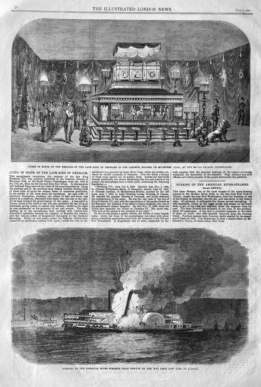 Lying in State of the Late King of Denmark.  &  Burning of the American Riv