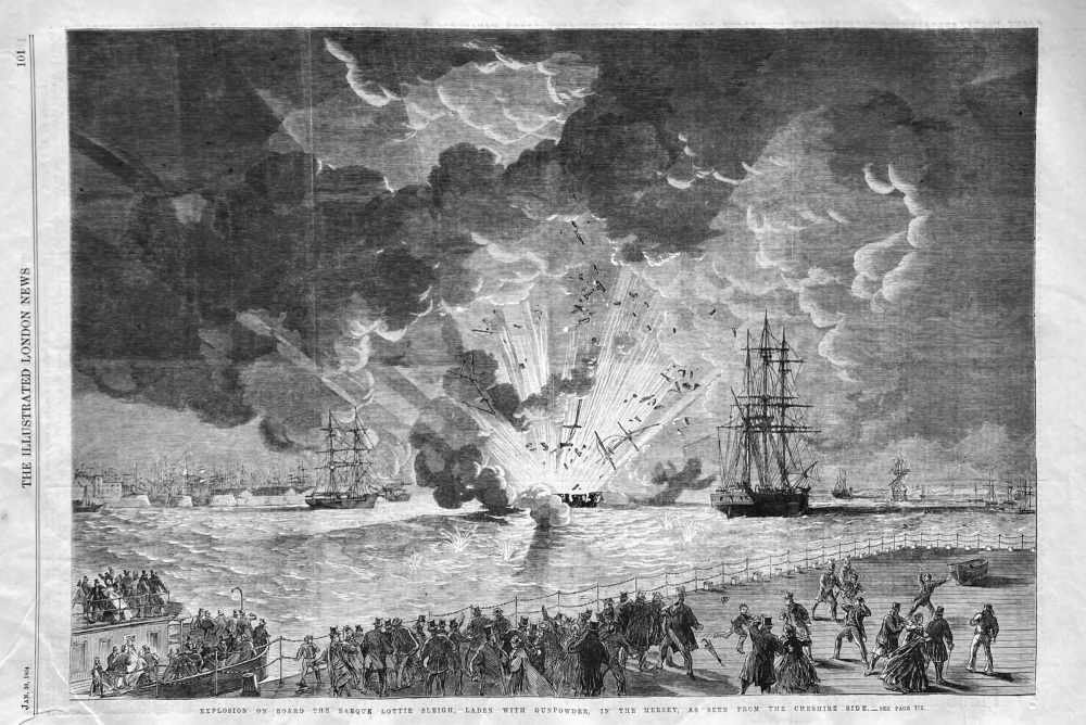 Explosion on Board the Barque Lottie Sleigh, laden with Gunpowder, in the Mersey, as seen from the Cheshire Side.  1864.