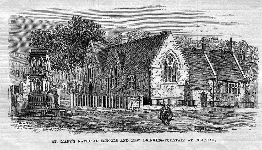 St. Mary's National Schools and New Drinking-Fountain at Chatham.  1864.