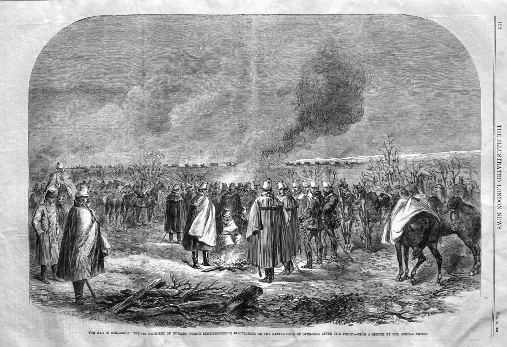 The War in Schleswig :  The 9th Regiment of Hussars (Prince Liechtenstein's)  Bivouacking on the Battle-Field of over-selk after the Fight.  1864.