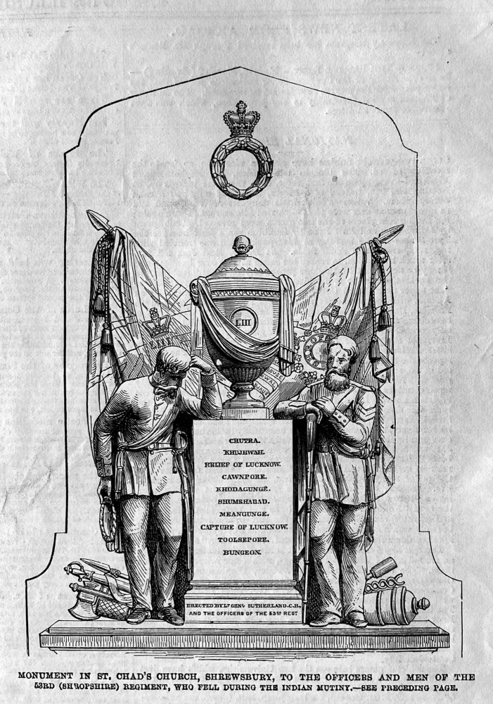 Monument in St. Chad's Church, Shrewsbury, to the Officers and Men of the 53rd (Shropshire) Regiment, who fell during the Indian Mutiny.  1864.