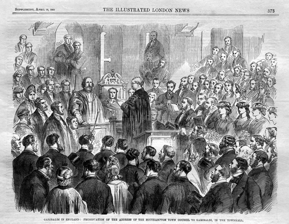 Garibaldi in England :  Presentation of the Address of the Southampton Town Council to Garibaldi, in the Townhall  1864.