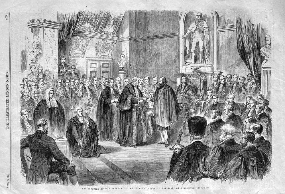 Presentation of the Freedom of the City of London to Garibaldi at Guildhall.  1864.