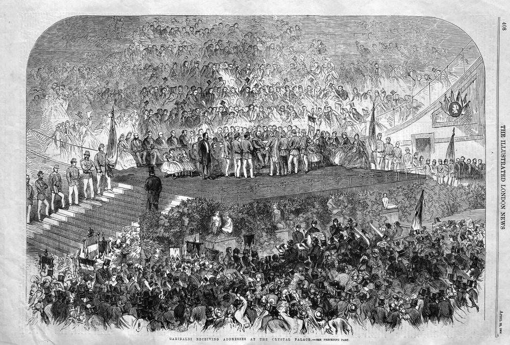 Garibaldi Receiving Addresses at the Crystal Palace.  1864.