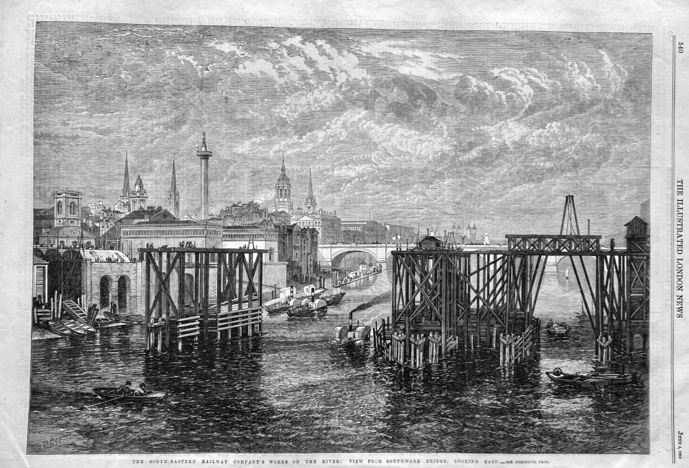 The South-Eastern Railway Company's Works on the River :  View from Southwark Bridge, Looking East.  1864.