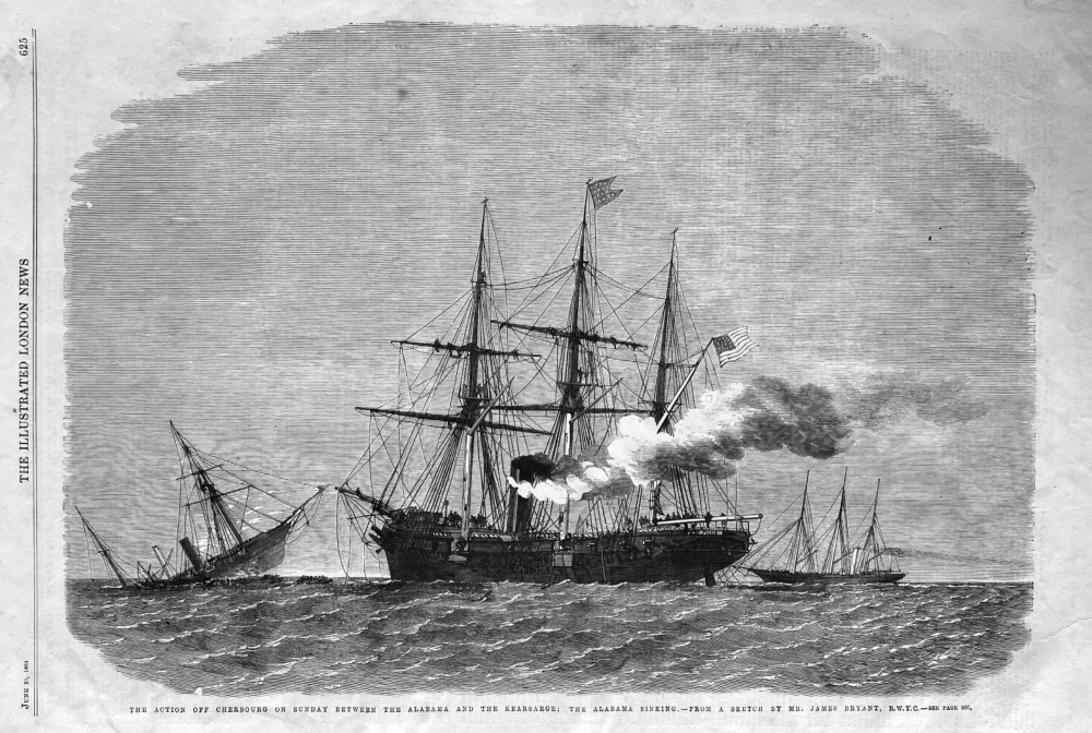 The Action off Cherbourg on Sunday between the Alabama and the Kearsarge :  The Alabama Sinking.  1864.