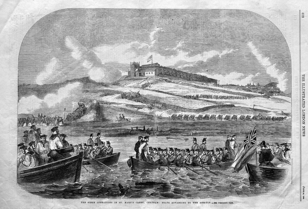 The Siege Operations in St. Mary's Creek, Chatham :  Boats advancing to the Assault.  1864.