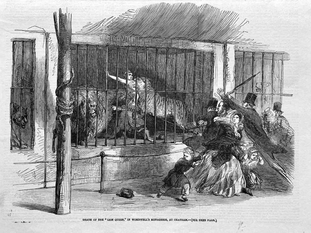 Death of the "Lion Queen," in  Wombwell's Menagerie, at Chatham.  1850.