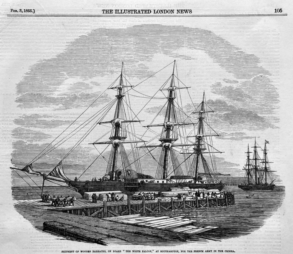 Shipment of Wooden Barracks, on board "The White Falcon," at Southampton, for the French Army in the Crimea.  1855.