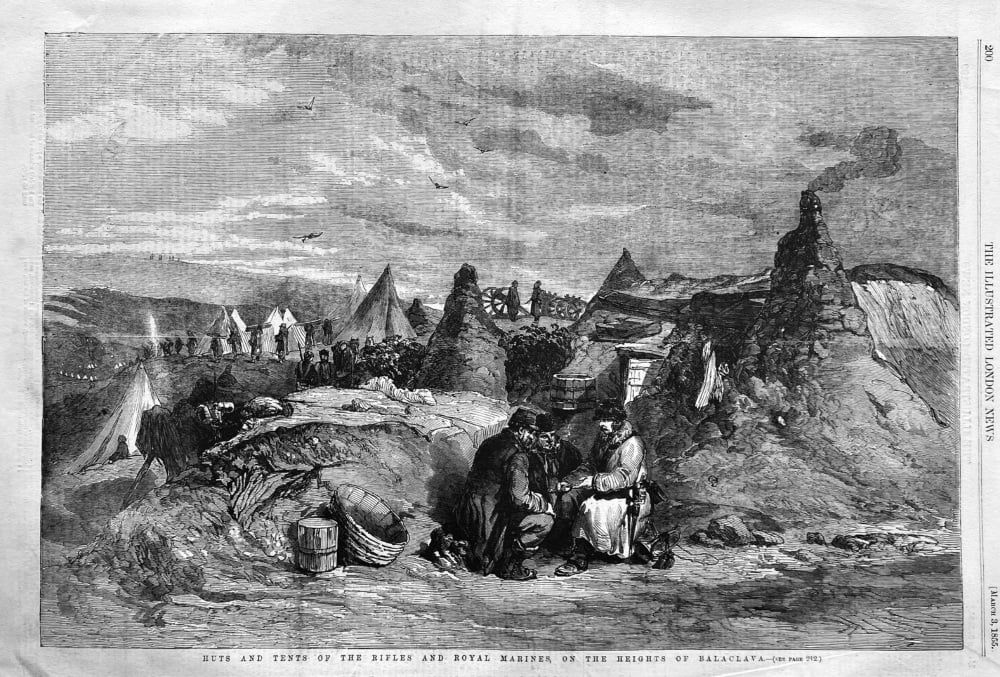 Huts and Tents of the Rifles and Royal Marines, on the Heights of Balaclava. 1855.