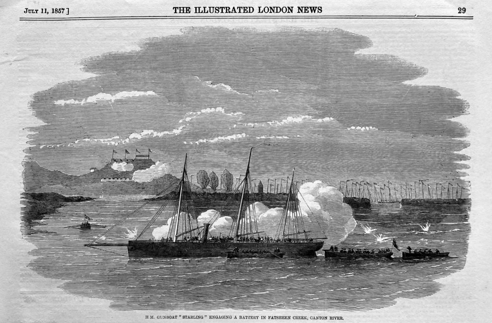 H.M. Gunboat "Starling" Engaging  a Battery in Fatsheen Creek, Canton River.  1857.