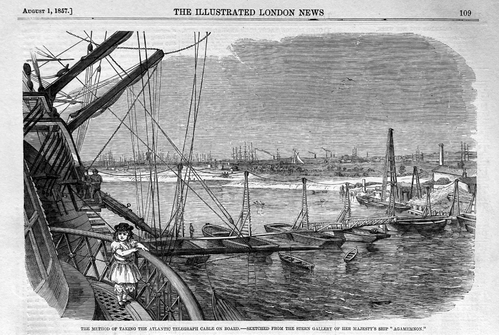 The Method of taking the Atlantic Telegraph Cable on Board.- sketched from the Stern Gallery of Her Majesty's Ship "Agamemnon."  1857.