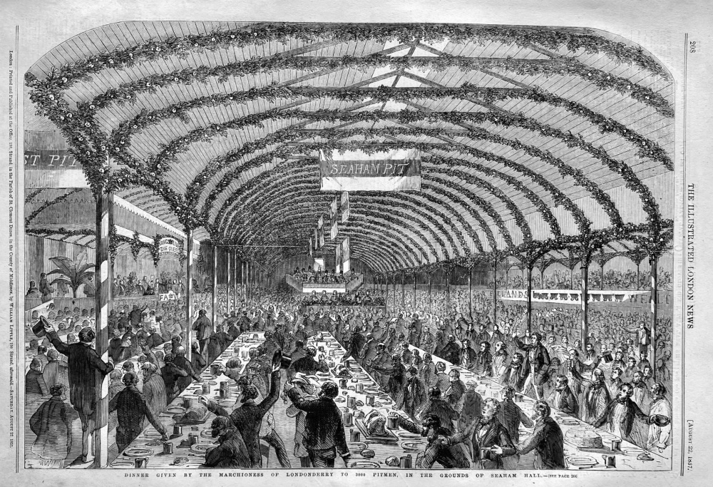 Dinner given by the Marchioness of Londonderry to 3,000 Pitmen, in the Grounds of Seaham Hall.  1857.