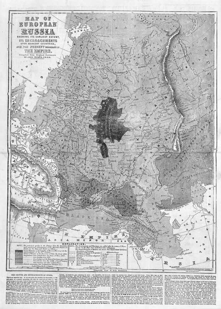 Map of European Russia shewing its Ealiest extent, its Encroachment upon Adjacent Countries, and the Present Boundary of The Empire.  1855.