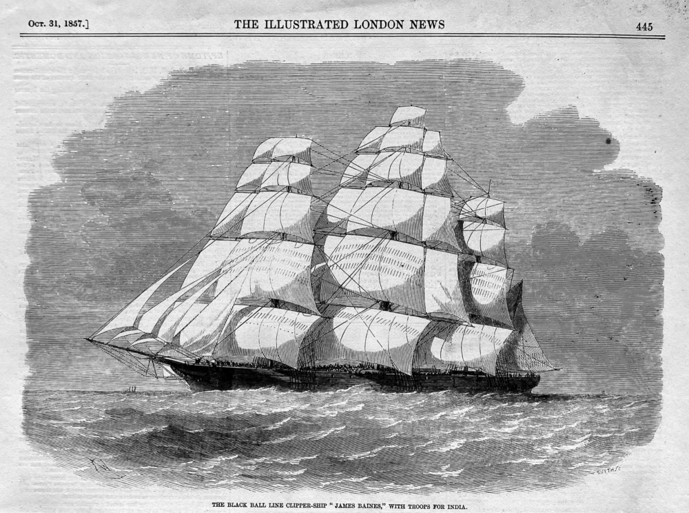 The Black Ball Line Clipper-Ship "James Baines," with Troops for India.  1857.