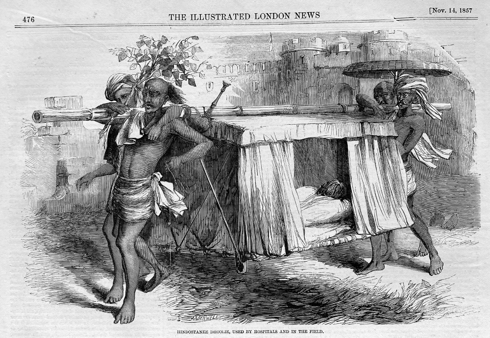 Hindostanee Dhoolie, used in Hospitals and in the Field.  1857.