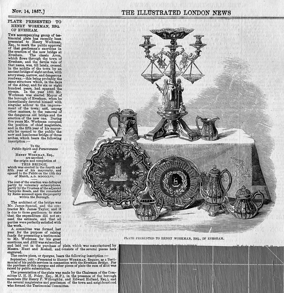 Plate Presented to Henry Workman, Esq. of Evesham.  1857.