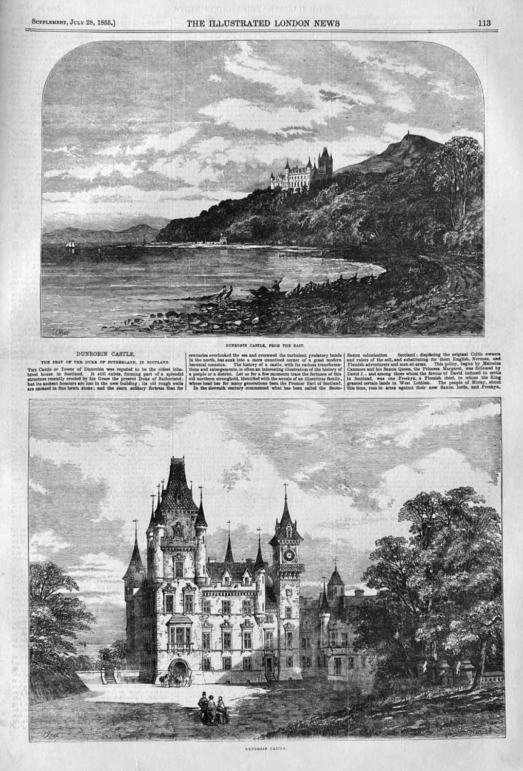 Dunrobin Castle, the Seat of the Duke of Sutherland, in Scotland.  1855.