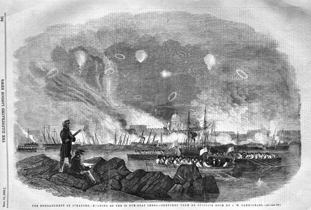 The Bombardment of Sveaborg.-  Burning of the 60 Gun - Boat Sheds.- Sketched from an Opposite Rock by J. W. Carmichael.  1855.