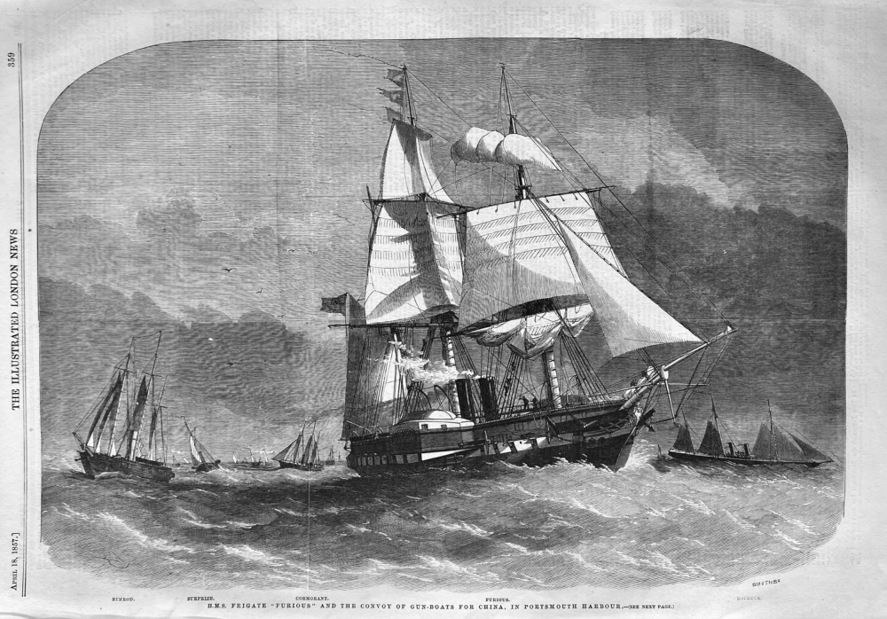 H.M.S.  "Furious"  and the Convoy of Gun-Boats for China, in Portsmouth Harbour.  1857.