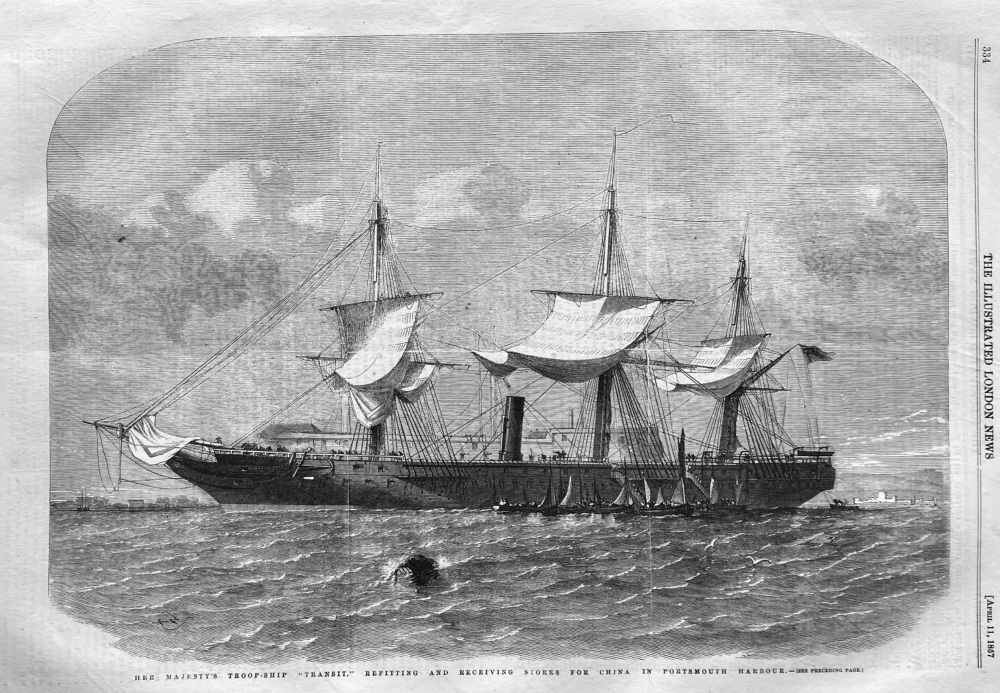Her Majesty's Troop-Ship  "Transit,"  Refitting and Receiving Stores for China in Portsmouth Harbour.  1857.