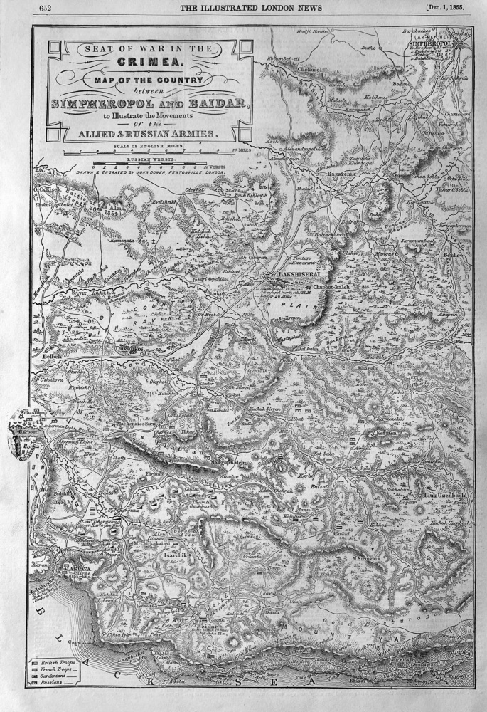 Seat of War in the Crimea.  Map of the country between Simpheropol and Baidar, to Illustrate the Movements of the Allied and Russian Armies.  1855.