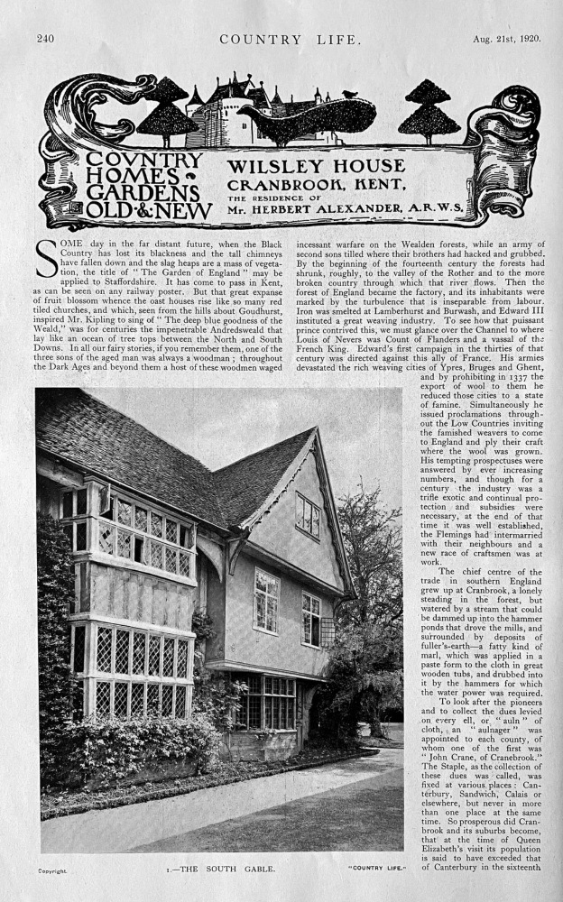 Wilsley House.  Cranbrook, Kent, the Seat of Mr. Herbert Alexander, A.R.W.S.   1920.