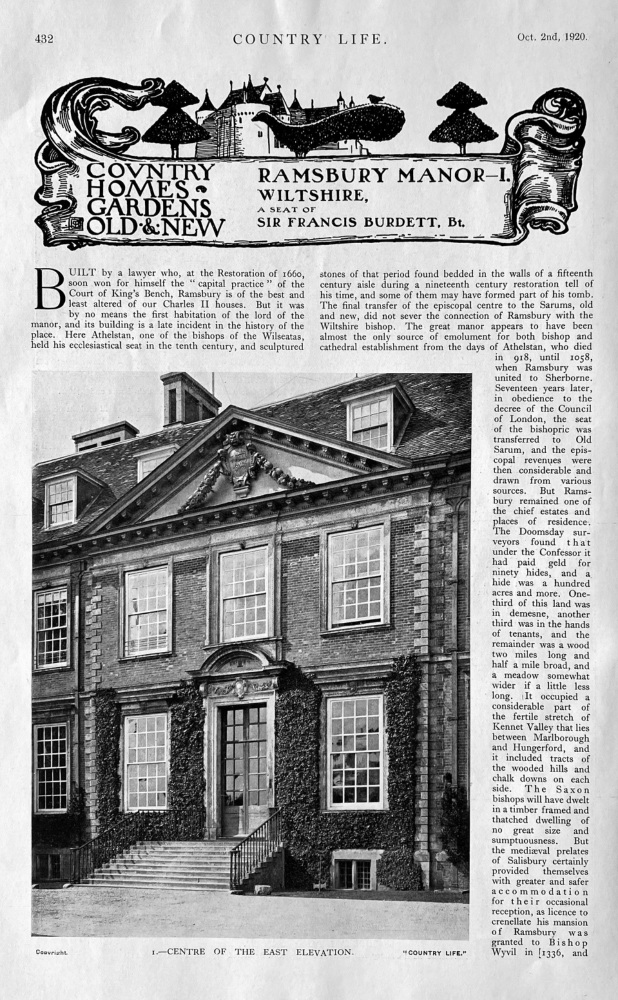 Ramsbury Manor-1.  Wiltshire, the seat of Sir Francis Burnett, Bt.   1920.