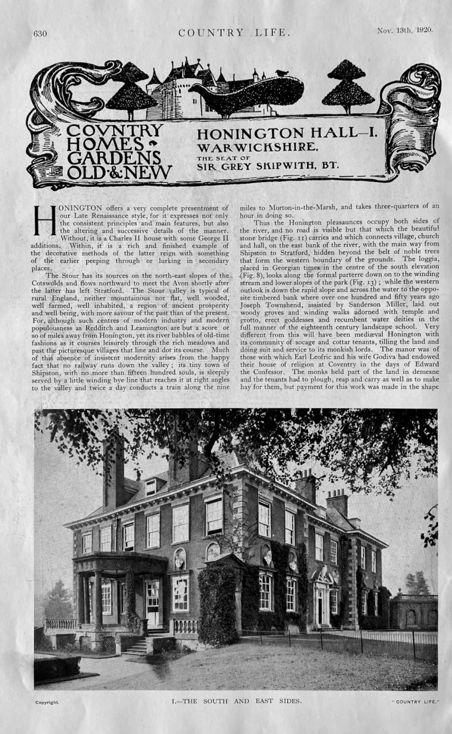Honington Hall- I.  Warwickshire.  The Seat of Sir Grey Skipwith, Bt.  1920