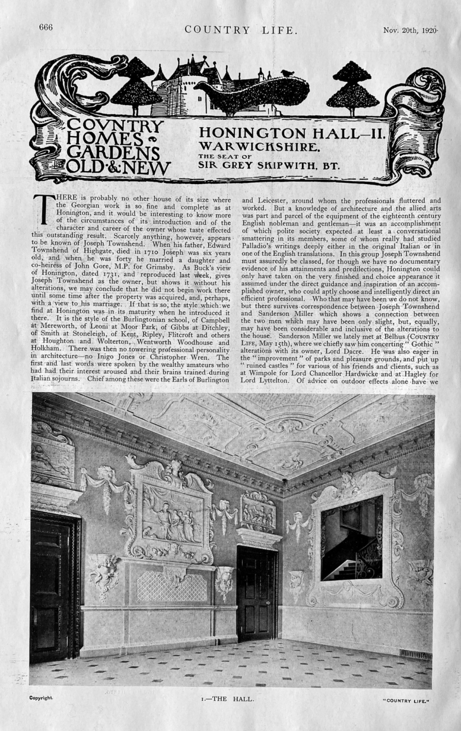 Honington Hall- II.  Warwickshire. The Seat of Sir Grey Skipwith, BT,  1920