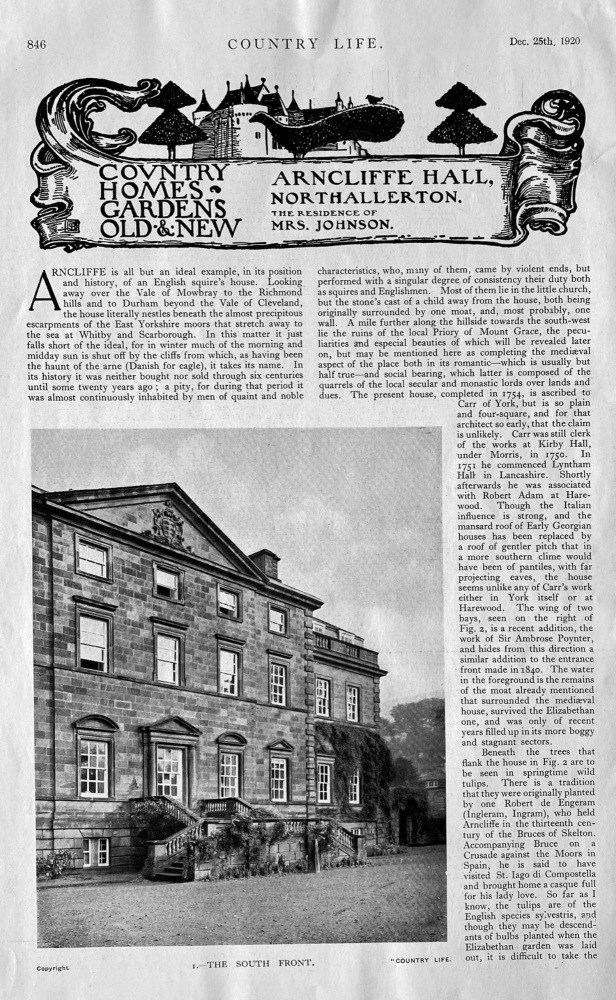 Arncliffe Hall,  Northallerton.  The Residence of Mrs. Johnson.  1920.