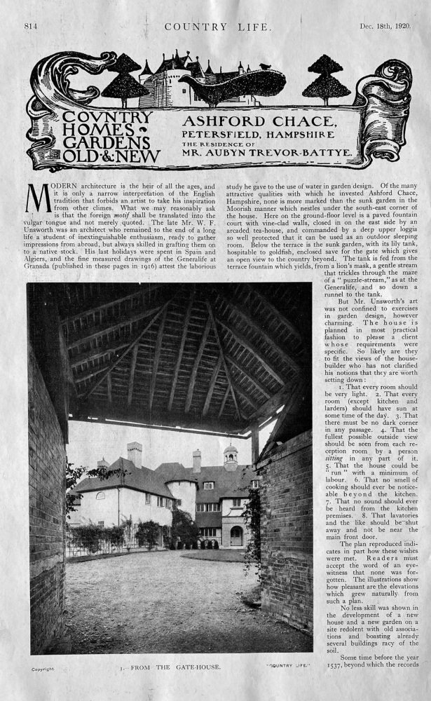 Ashford Chace,  Petersfield, Hampshire.  The Residence of Mr. Aubyn-Trevor-Battye.  1920.